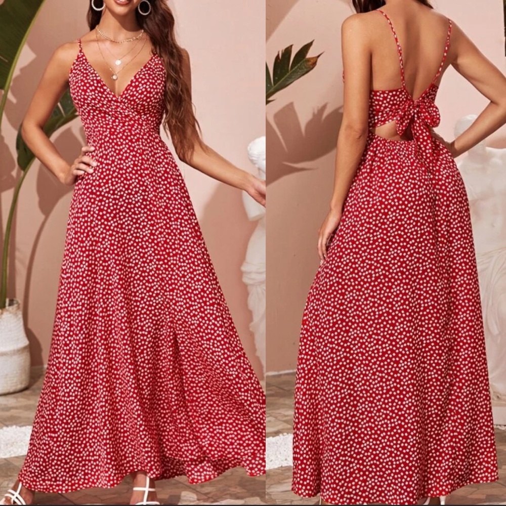 Boho floral dot tie back cami maxi dress